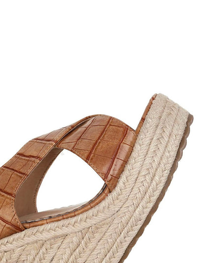 Brown khaki wedge high heels crossed straps sandals