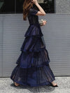 Dark blue lace cocktail night long dress