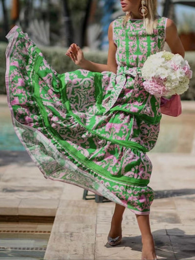 Green and pink flowers maxi dress