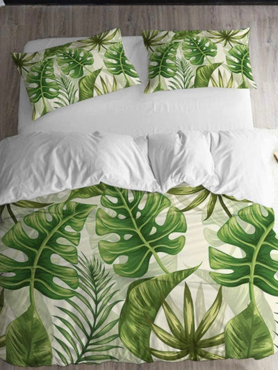 Green leaves and white comforter