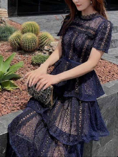 Dark blue lace cocktail night long dress