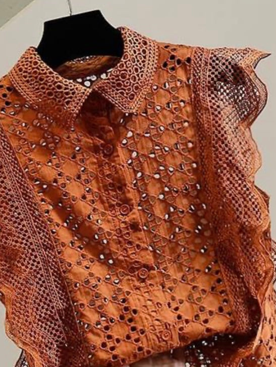 Orange and Olive laced short sleeves ruffles blouse