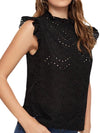 black top in casual style, in embroidered fabric, sleeveless, round neck, ruffle details