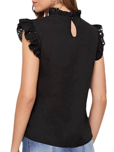 model shows the back of a casual black top, made of embroidered fabric, round neck, short sleeves, ruffle details and button to close at the back