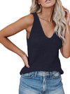 model is wearing beige braided sleeveless top with v neck