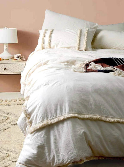 Bed decorated with Beige Boho duvet with two pillowcases and a duvet cover