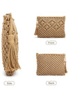 front, back and side of camel woven boho bag with tassel detail