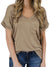 The model is wearing a camel boho-style shirt, gathered short sleeves, a V-neck and a front pocket.