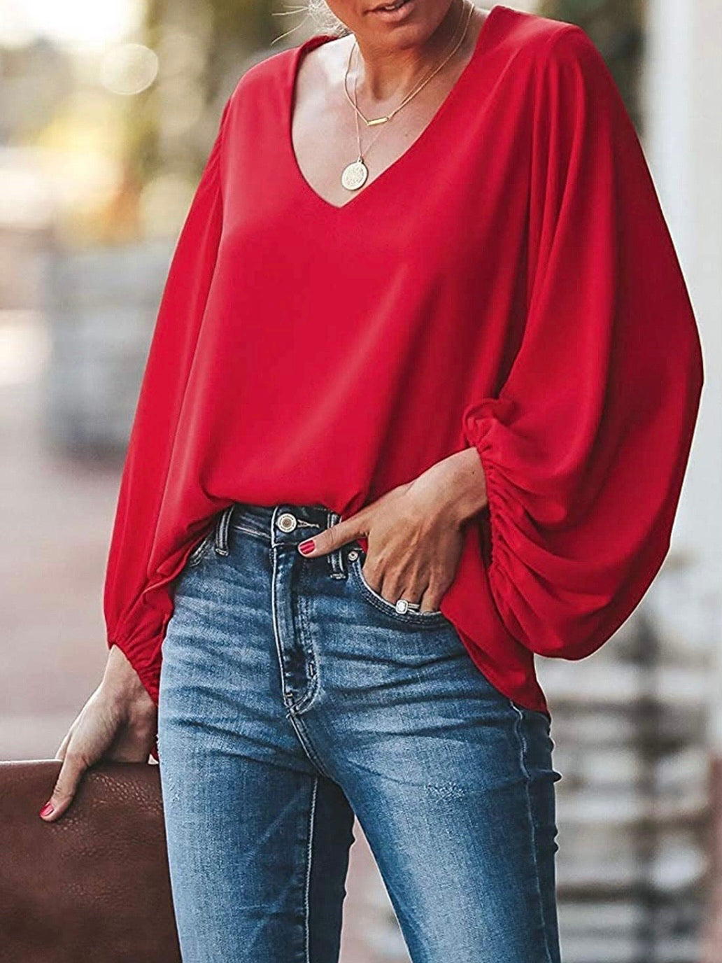 Red bomber sleeves blouse