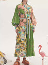 Fruits and flowers green print maxi dress