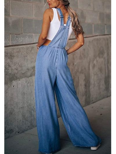 Mid blue denim loose and flare jumper overall