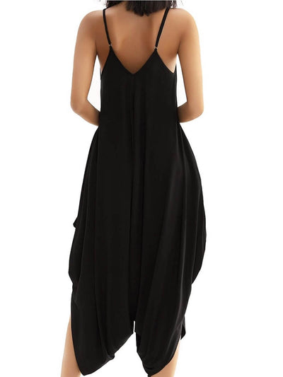 back of black Jumpsuit with V neckline and sleeveless