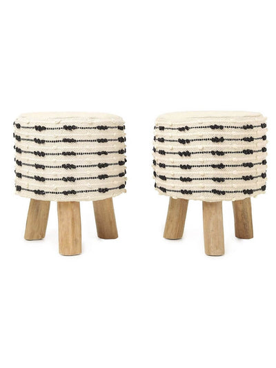 two Boho ottoman stools in ivory color and black details