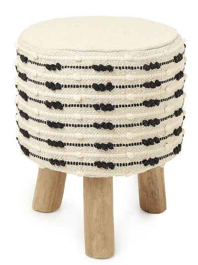 Boho ottoman stool in ivory color, black details and unvarnished ash blonde plain trunk legs