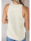 Model shows back of beige tank top and halter neck