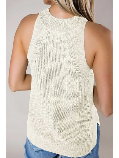 Model shows back of beige tank top and halter neck