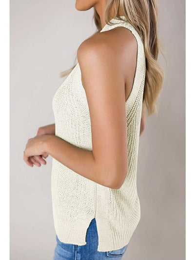 Model shows side part of beige tank top and halter neck